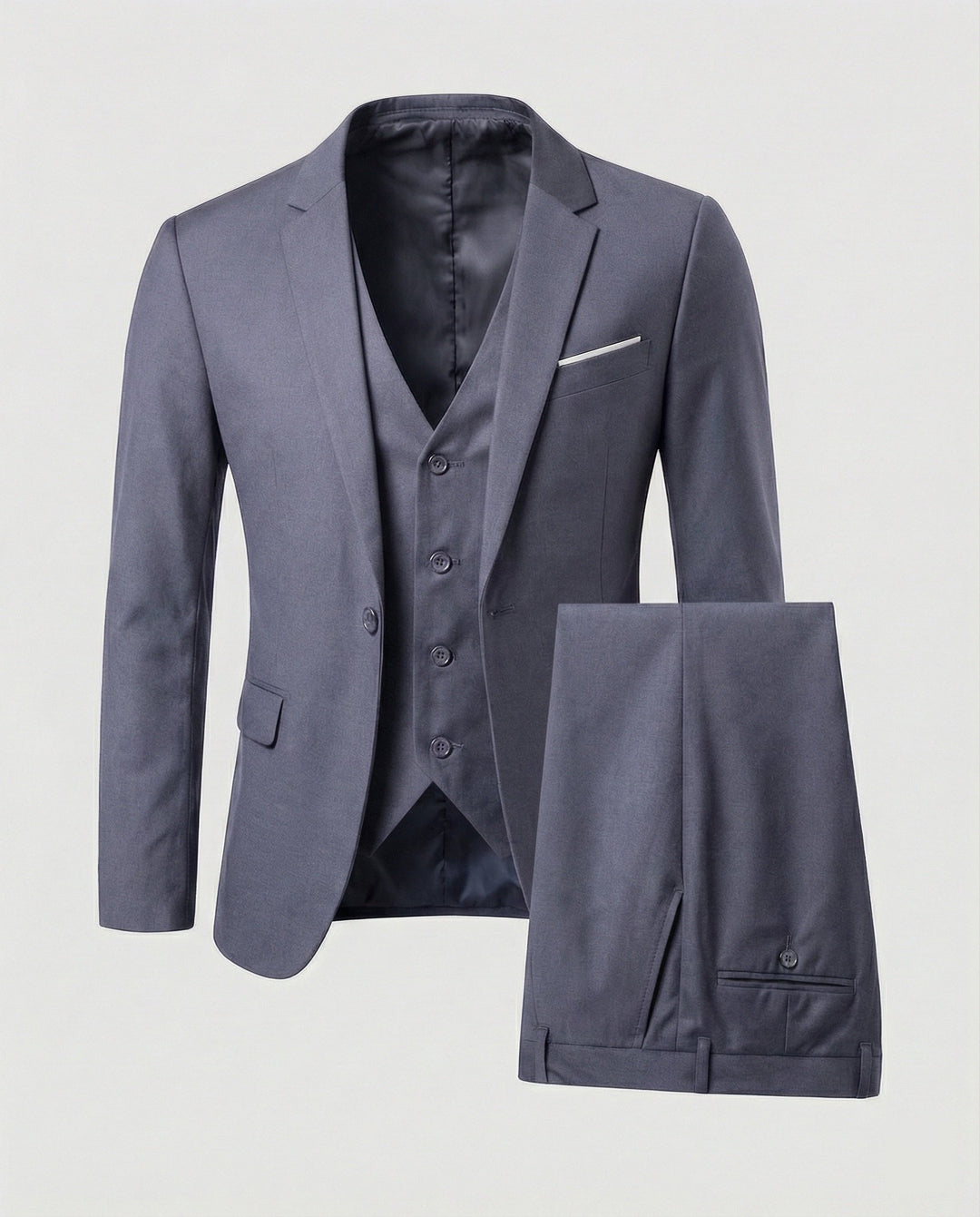 Professional men's tailored three-piece suit: essential formal wear for office, weddings & parties.