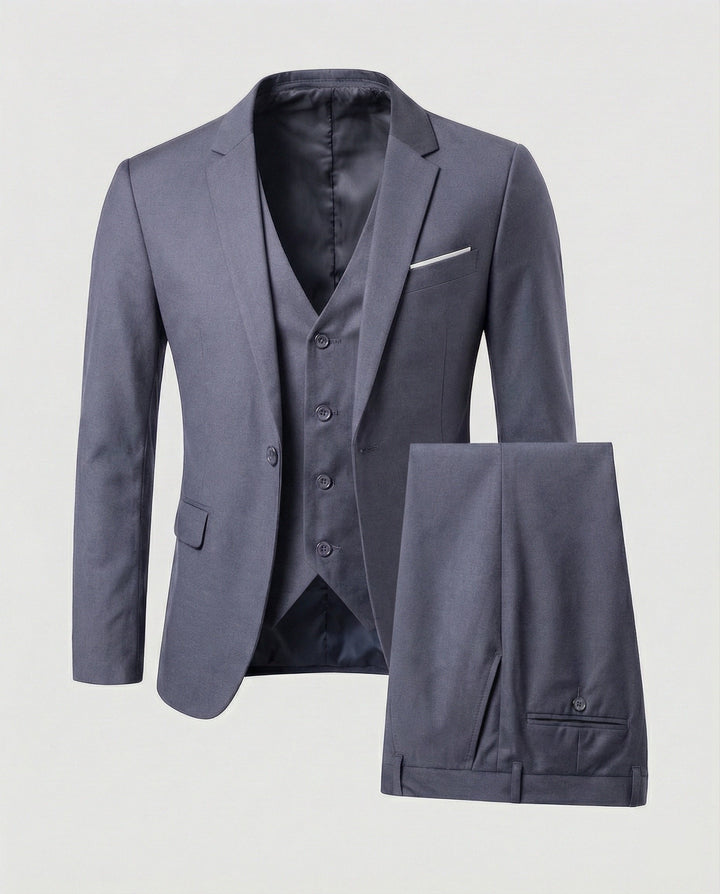 Professional men's tailored three-piece suit: essential formal wear for office, weddings & parties.