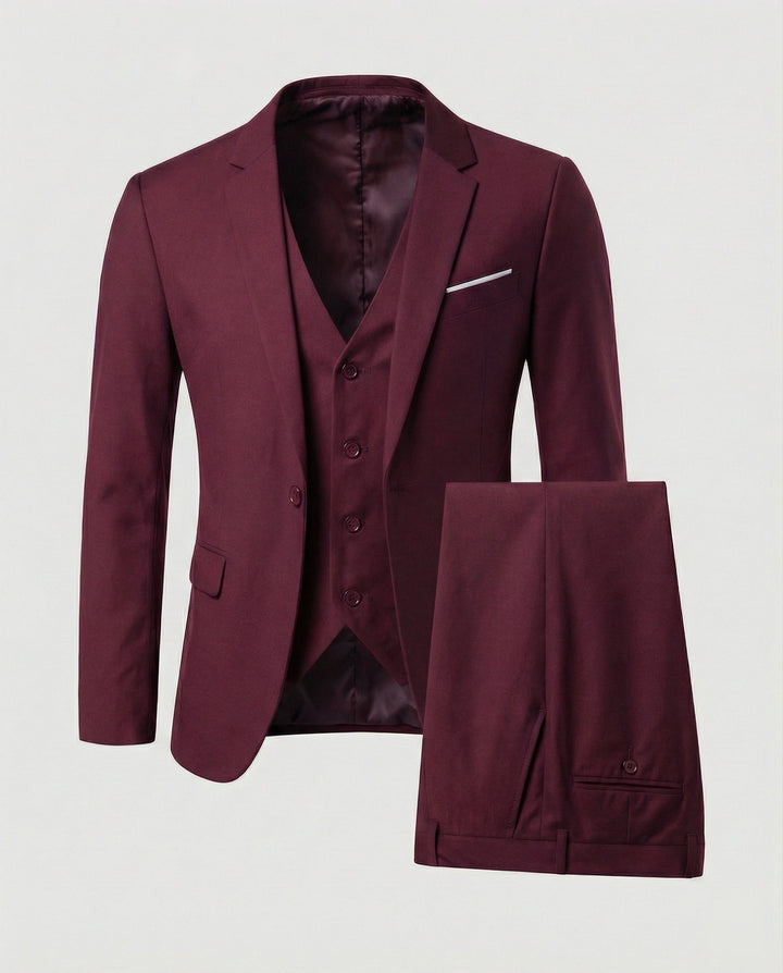 Timeless men's formal suit with a sophisticated three-piece design for elegant office & event wear.