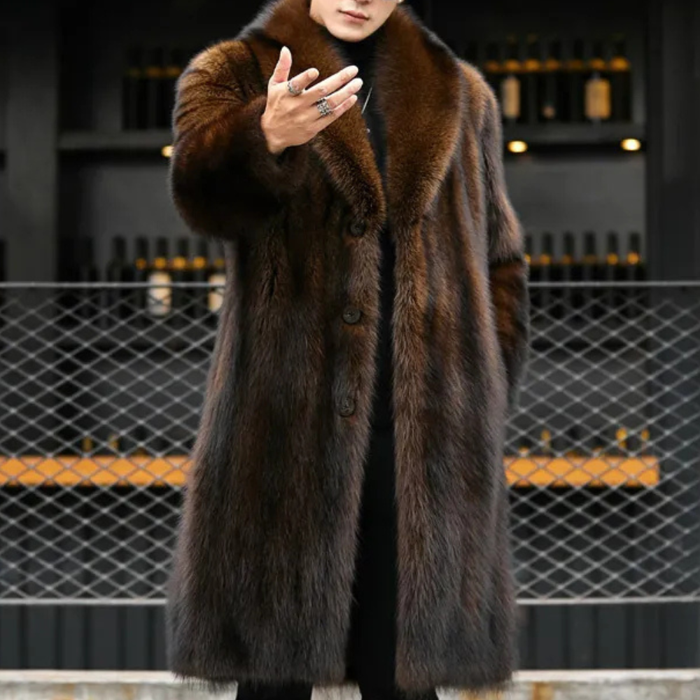 Elegant men's timeless winter coat with sophisticated fur-look collar. Warm, stylish overcoat for cold weather.