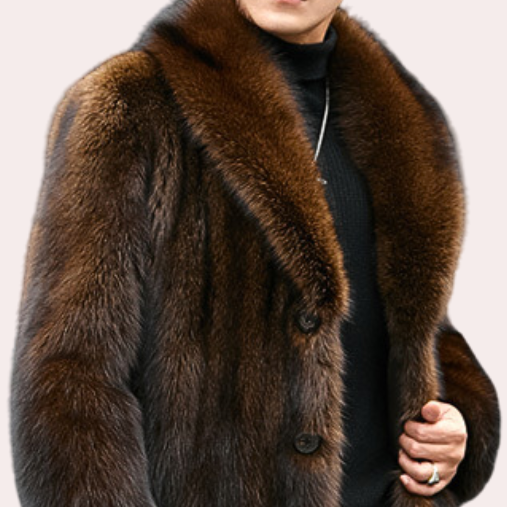 Warm men's elegant winter coat featuring a luxurious fur-look collar. Perfect stylish formal cold weather outerwear.
