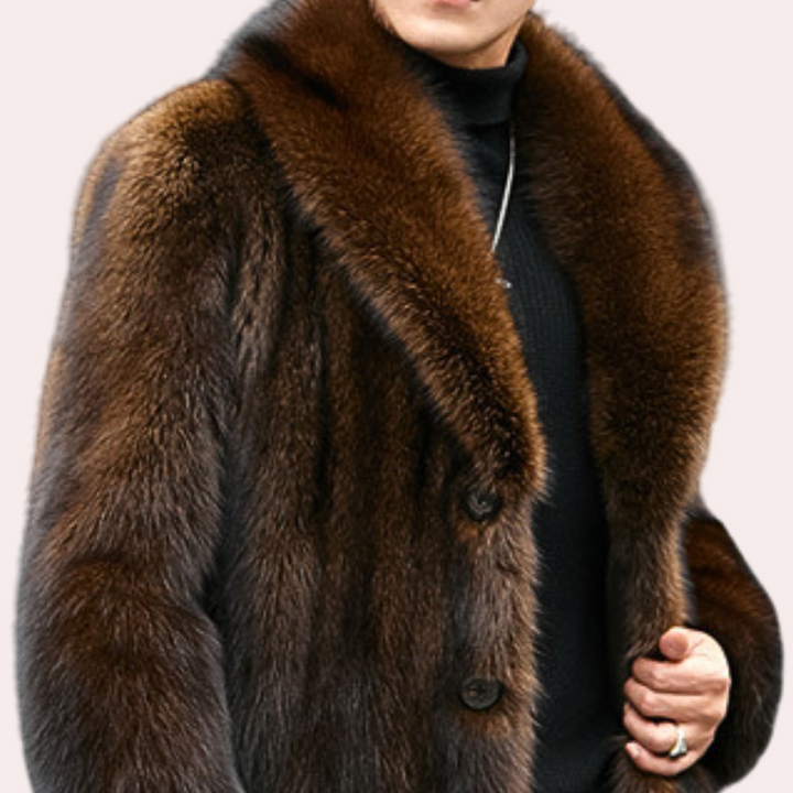 Warm men's elegant winter coat featuring a luxurious fur-look collar. Perfect stylish formal cold weather outerwear.