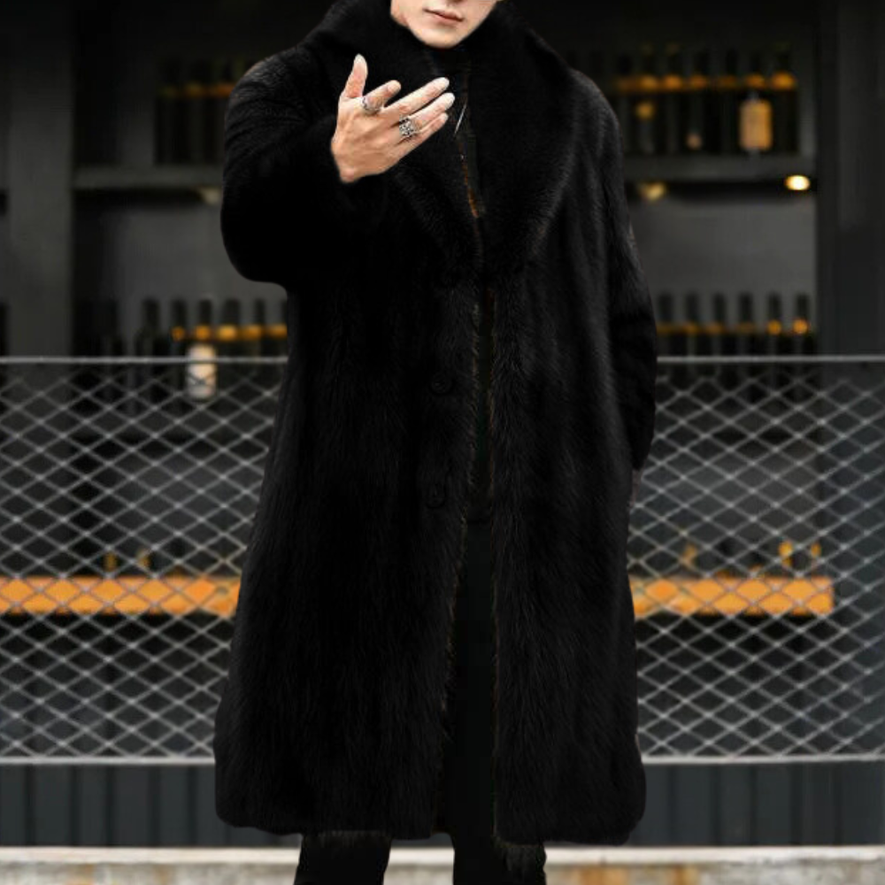 Sophisticated men's winter coat with elegant fur look. Warm, formal and casual overcoat for stylish cold weather fashion.