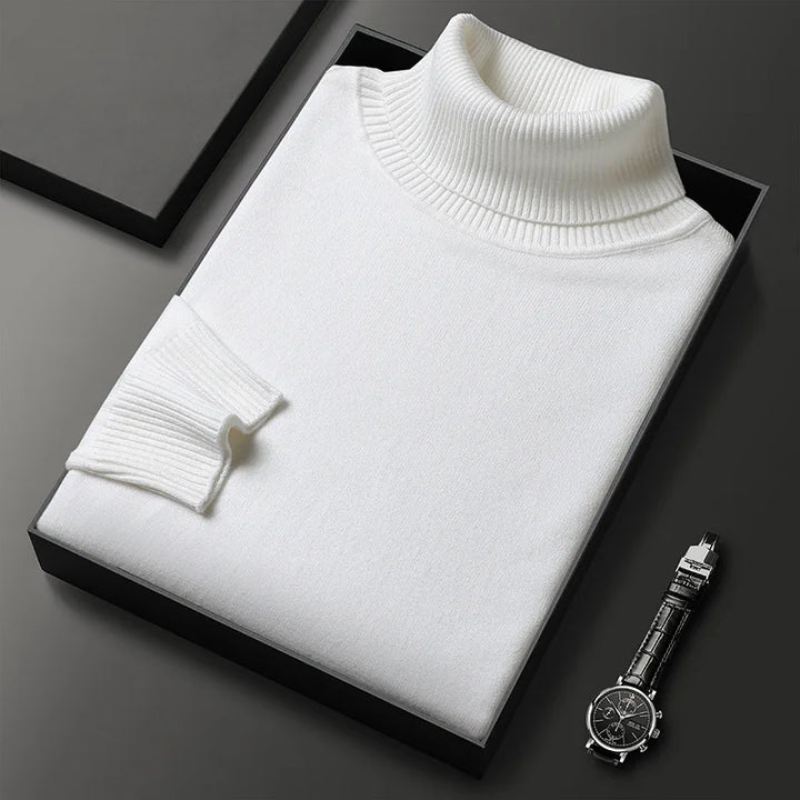 Stylish men's long-sleeve turtleneck sweater in a rich color, ideal for sophisticated winter and fall fashion.