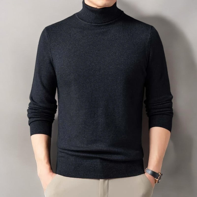 Chic men's long-sleeve turtleneck sweater, embodying classic style for elegant fall and winter fashion wear.