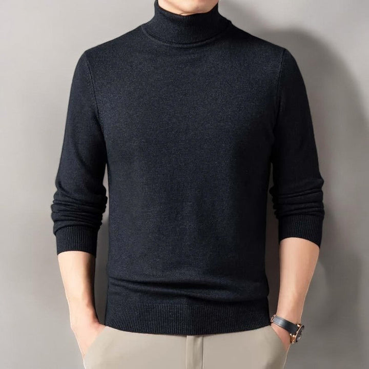 Chic men's long-sleeve turtleneck sweater, embodying classic style for elegant fall and winter fashion wear.