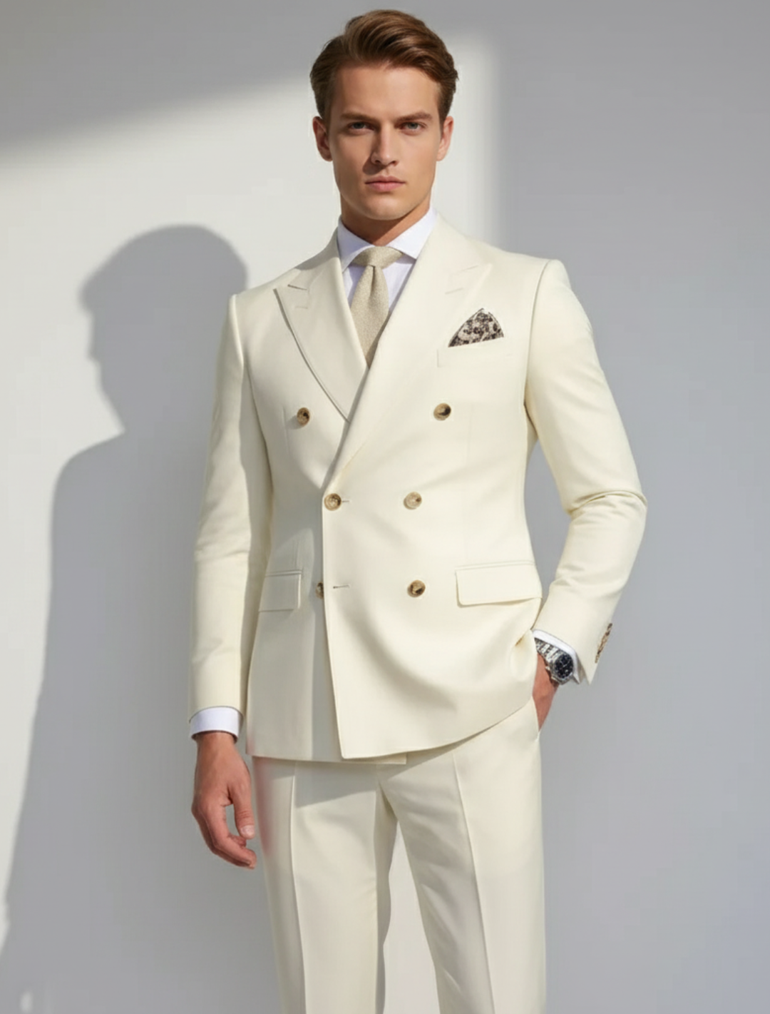 Elegant men's white two-piece suit with subtle gold accents, perfect for formal events, weddings, & parties. Incl. blazer & trousers.