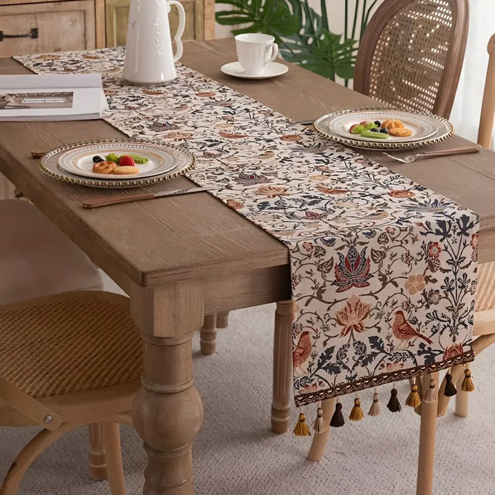 Elegant microfiber table runner with detailed floral & bird motif, perfect for dining room decor & home accents.