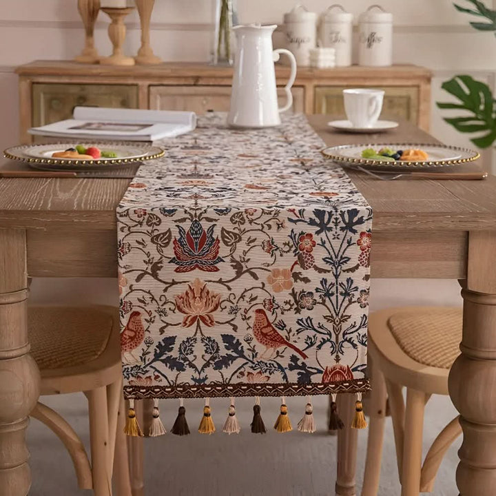 Luxurious microfiber table runner, jacquard woven with elegant floral bird motif for a stylish dining experience.