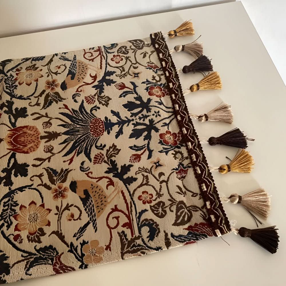 Country charm table runner: elegant floral bird jacquard design, a perfect home accent for your dining area.