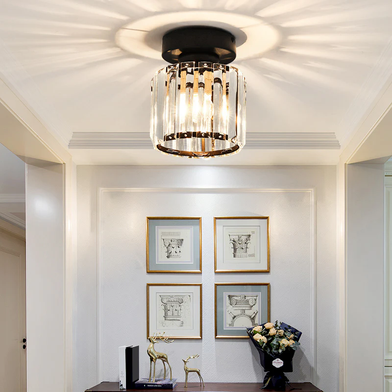 Modern crystal ceiling light for bedroom, elegant design with shimmering and sparkling accents.