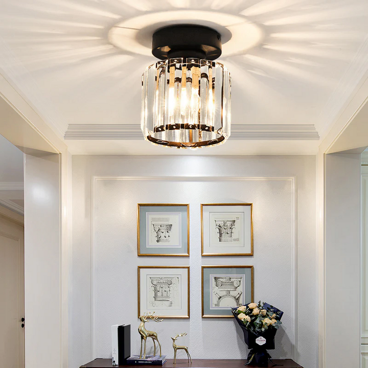 Modern crystal ceiling light for bedroom, elegant design with shimmering and sparkling accents.