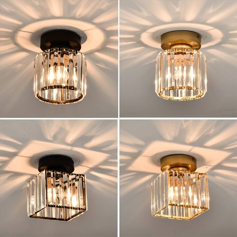 Close-up of elegant modern crystal ceiling light, showing intricate shimmering accents & design.