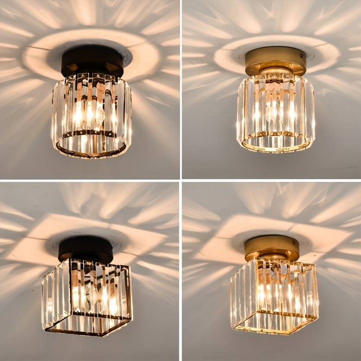 Close-up of elegant modern crystal ceiling light, showing intricate shimmering accents & design.
