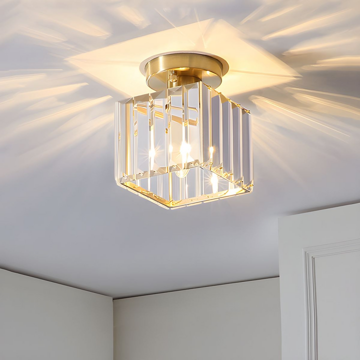 Square black modern crystal ceiling light, an elegant flush mount fixture with shimmering accents.