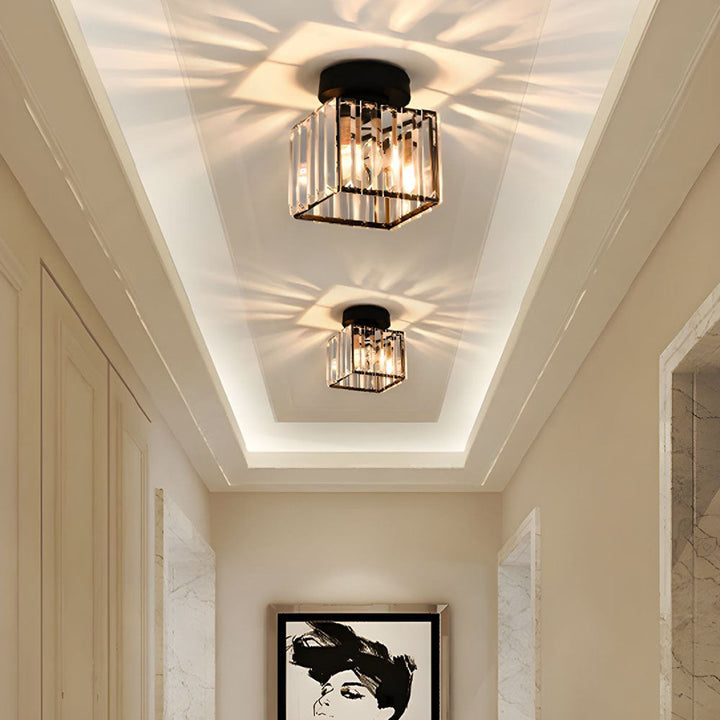 Round modern crystal flush mount ceiling light, providing elegant shimmering accent lighting.