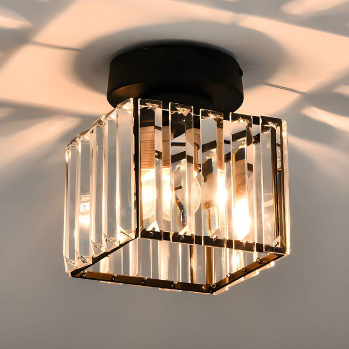 Black modern crystal ceiling light for bedroom, creating a sophisticated shimmering glow.