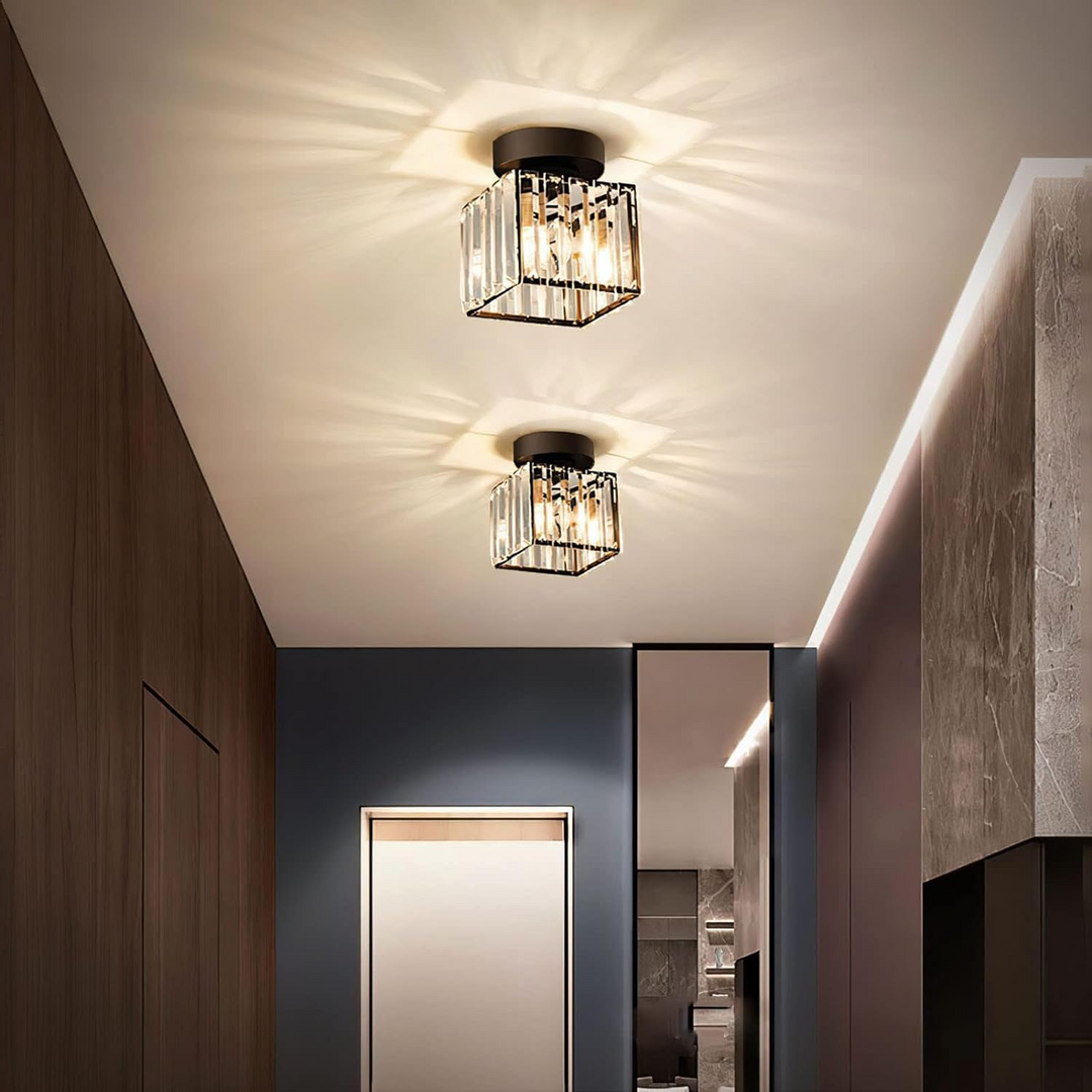 Flush mount crystal ceiling light with shimmering accents, ideal for contemporary home lighting.