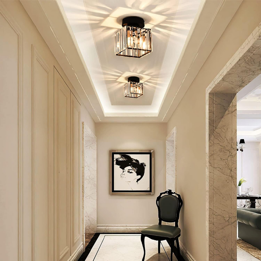 CrystalGlow modern crystal ceiling light, an elegant flush mount fixture with shimmering brilliance.
