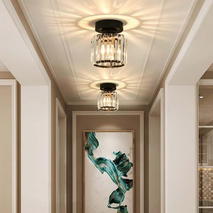 Square modern crystal ceiling light with shimmering accents, an elegant home decor lighting fixture.