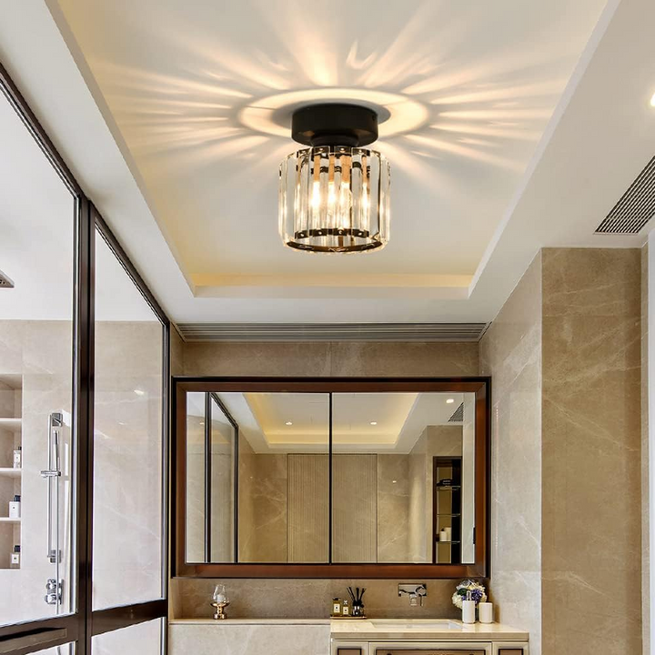 Elegant modern crystal ceiling light with beautiful shimmering accents, enhancing any room's decor.