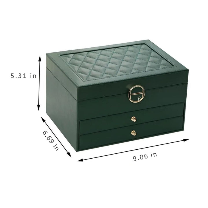 Decorative multi-layer vegan leather jewelry box, enhancing any dresser with its elegant design and spacious storage.