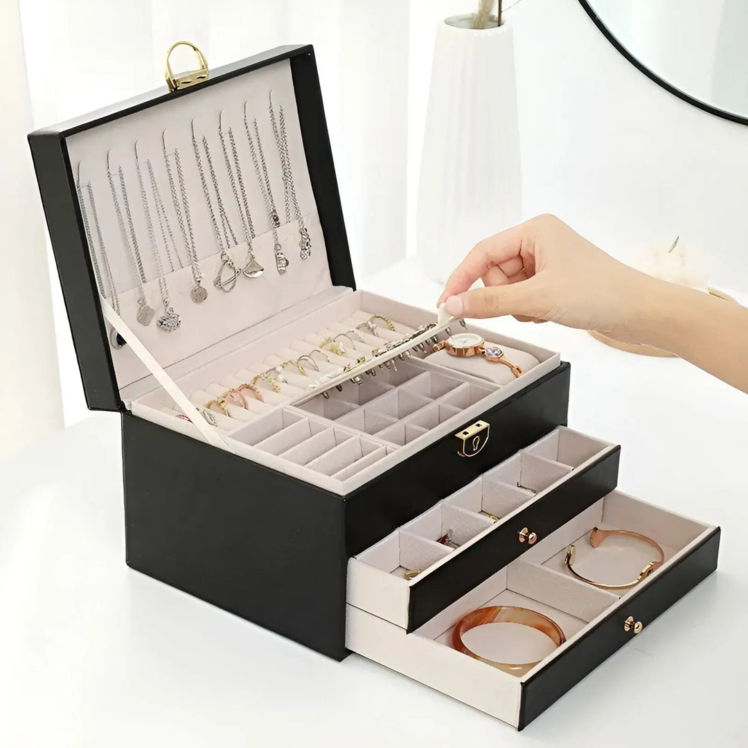 Elegant multi-layered luxury jewelry box in PU leather, perfect for women's accessory storage.
