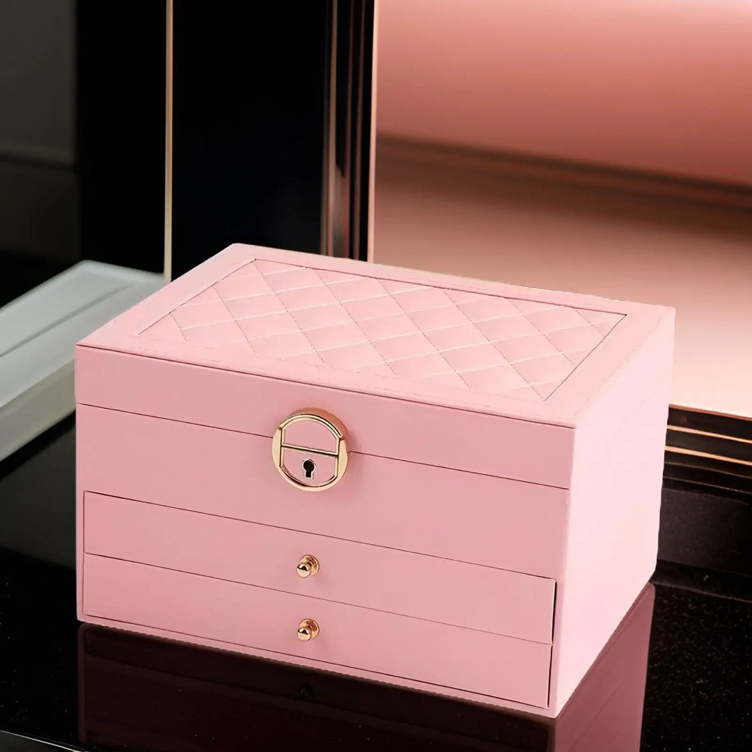 Close-up of a women's luxury multi-layered jewelry box, showcasing its fine PU leather texture.