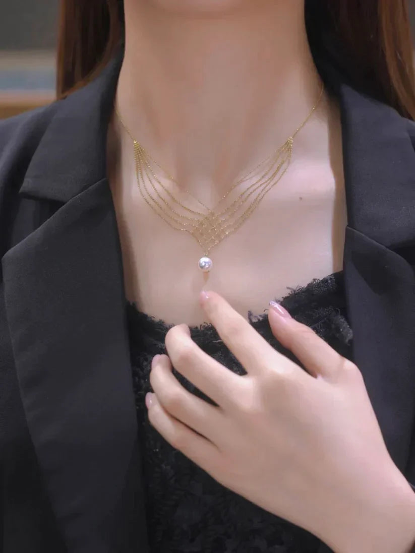 Close-up of a sophisticated layered pearl necklace, ideal as a gift for her, showcasing timeless elegance.