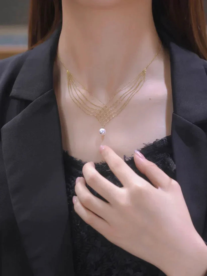 Close-up of a sophisticated layered pearl necklace, ideal as a gift for her, showcasing timeless elegance.