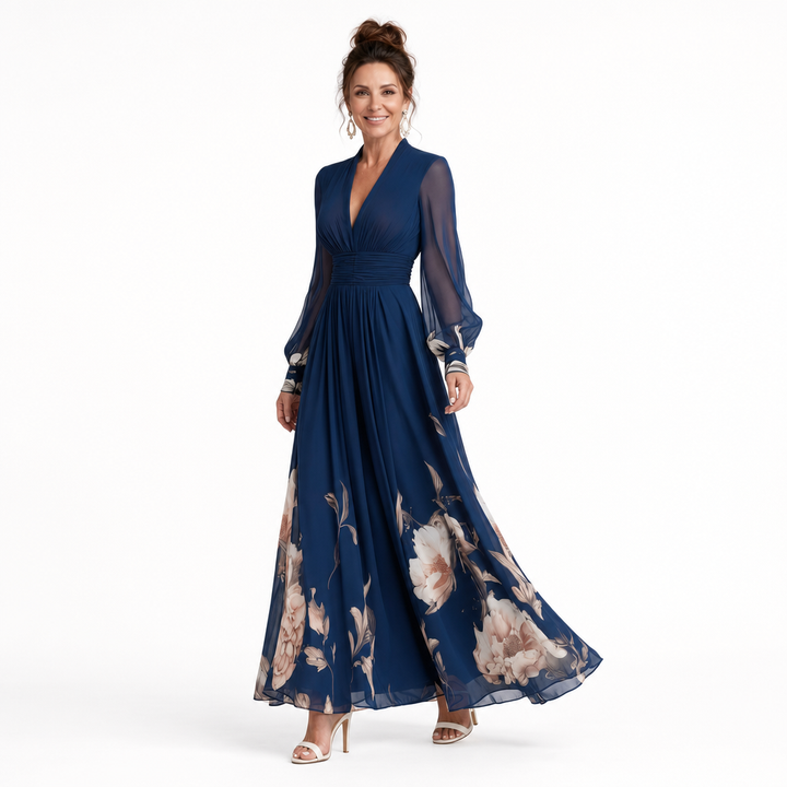 Stylish V-neck pleated maxi dress for women, featuring graceful sheer long sleeves. An elegant and comfortable summer dress.