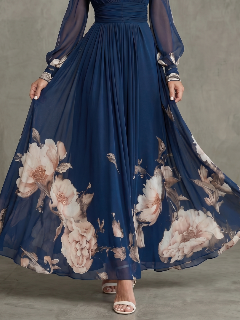 Navy elegant V-neck long sleeve maxi dress for women. Features delicate pleats and stylish sheer sleeves. Occasion ready.