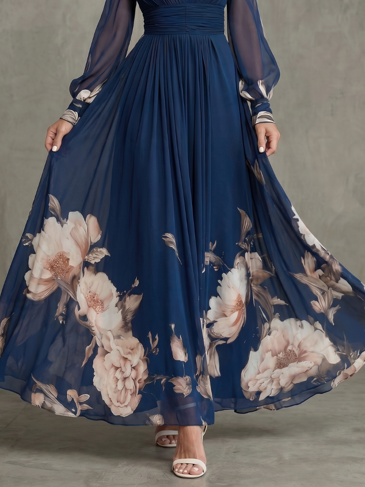 Navy elegant V-neck long sleeve maxi dress for women. Features delicate pleats and stylish sheer sleeves. Occasion ready.