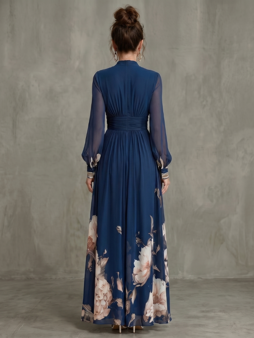 Women's comfortable V-neck maxi dress with a flattering pleated design & chic sheer sleeves. Perfect summer evening wear.