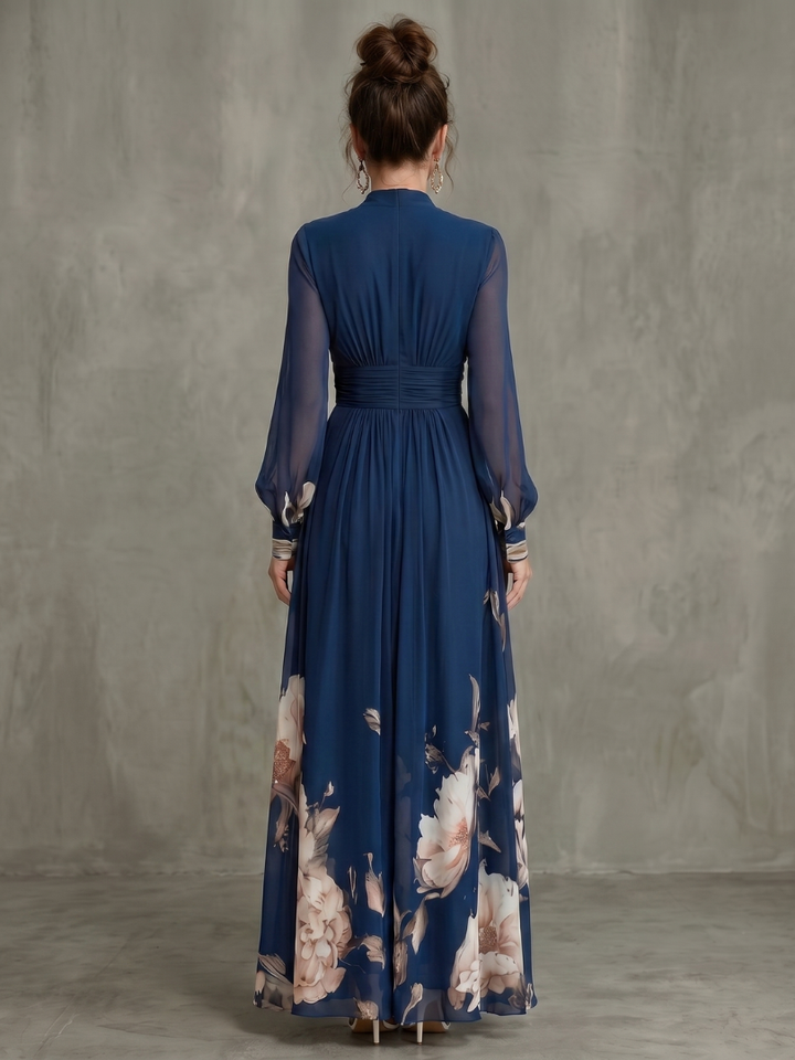 Women's comfortable V-neck maxi dress with a flattering pleated design & chic sheer sleeves. Perfect summer evening wear.