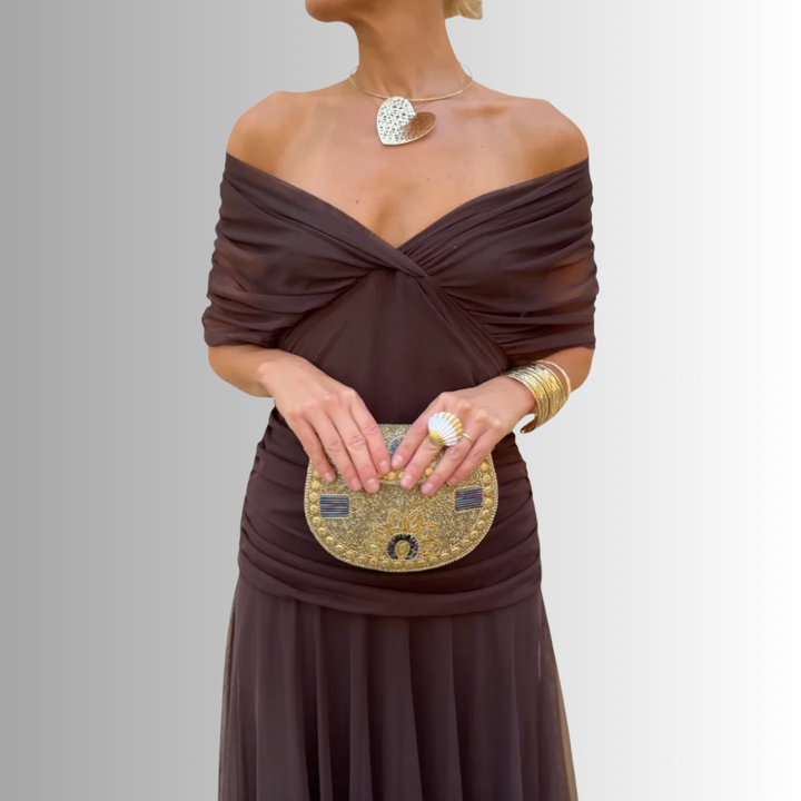 Elegant off-shoulder maxi dress for women, perfect for evening parties & special occasions.