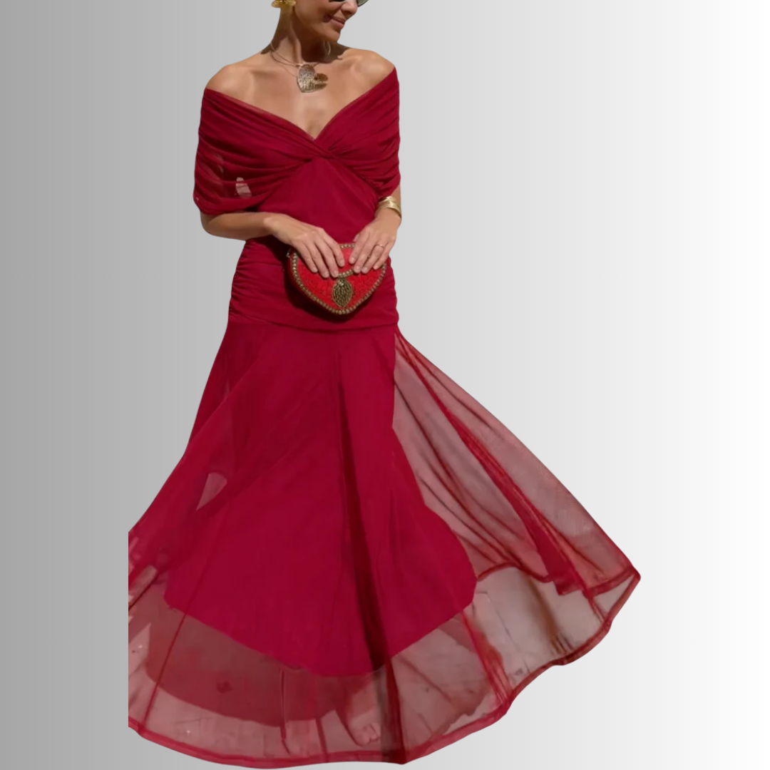 Women's elegant off-shoulder evening maxi dress, ideal for formal parties & special occasions.