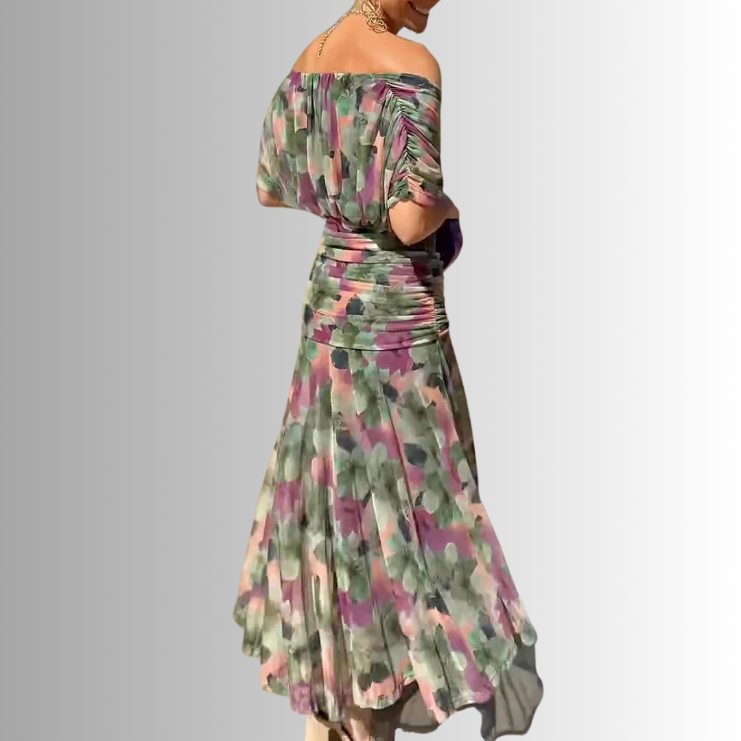 Sophisticated women's off-shoulder maxi evening gown for parties, formal events & wedding guests.