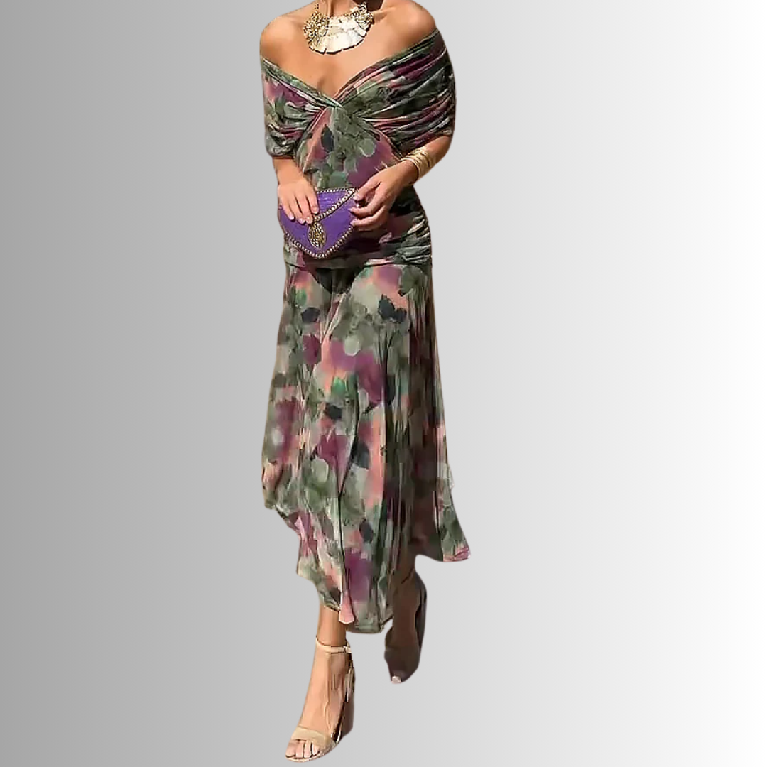 Chic women's off-shoulder maxi dress for elegant evening parties, formal events & special occasions.