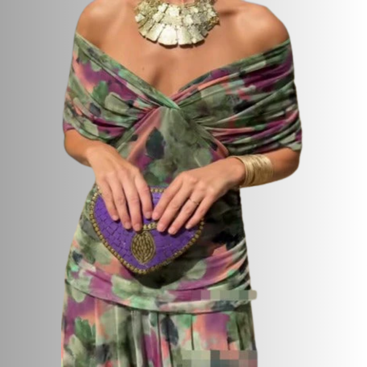 Sophisticated floor-length off-shoulder evening gown; ideal for formal events & wedding guests.