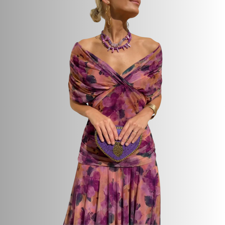 Elegant women's off-shoulder maxi dress, a sophisticated choice for evening parties & formal occasions.