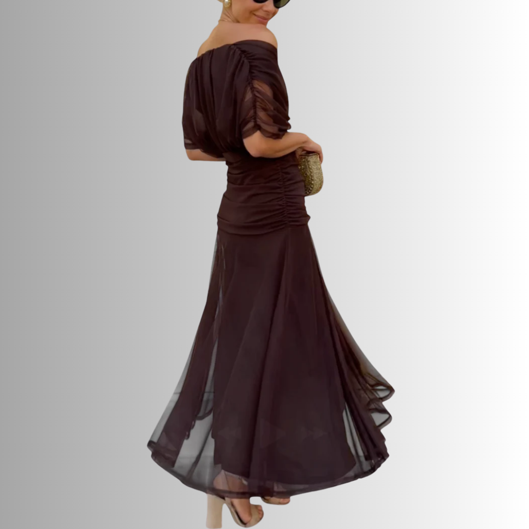 Sophisticated off-shoulder evening maxi gown for women, great for parties & special occasions.