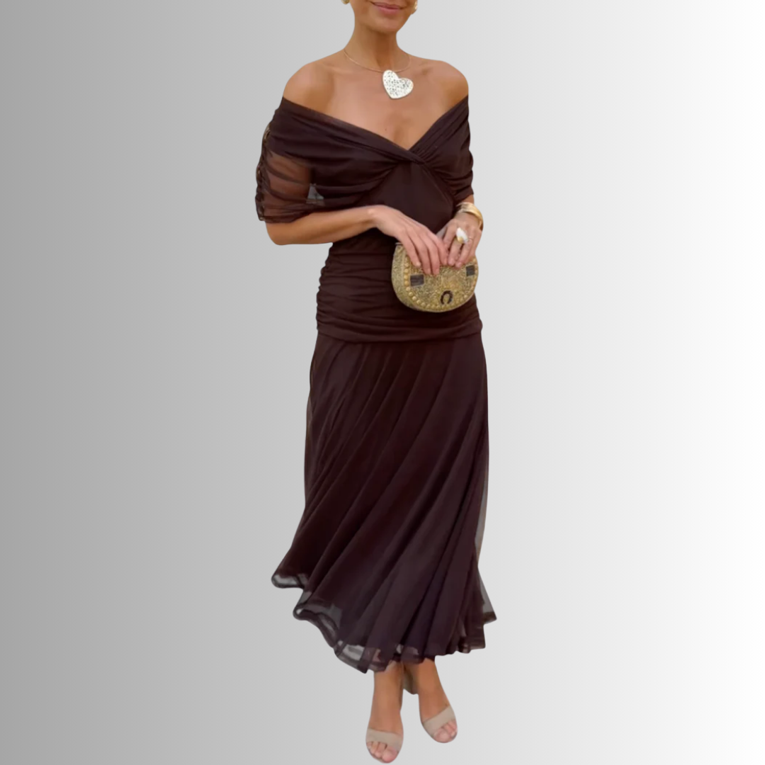 Elegant women's off-shoulder party maxi dress, a stylish choice for formal evening events.