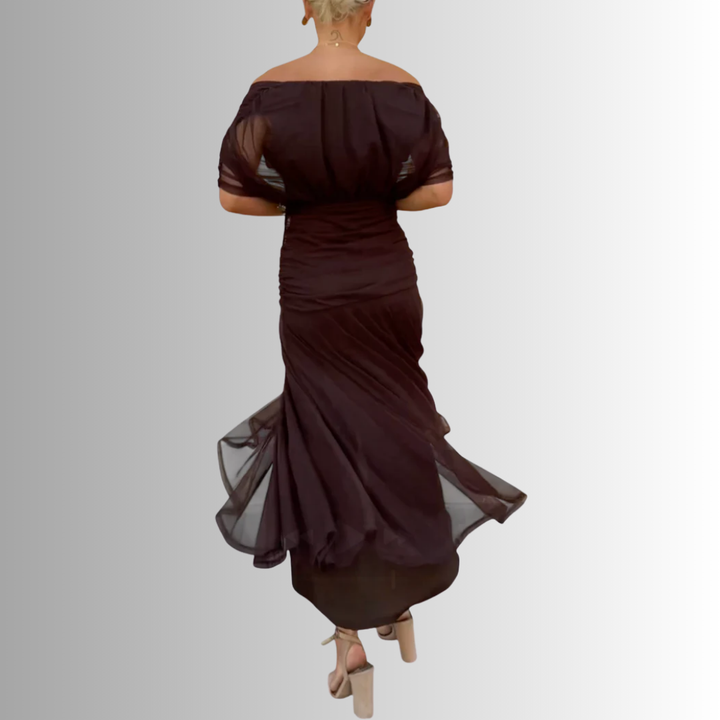 Off-shoulder formal maxi dress for women, elegant choice for wedding guests & evening parties.