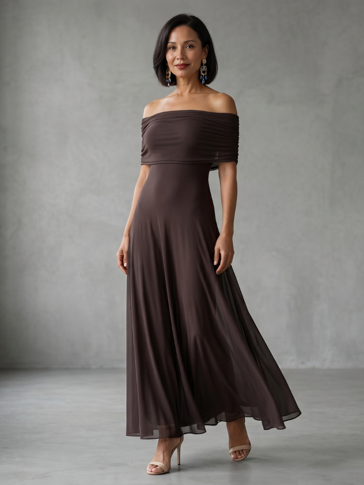 Elegant off-shoulder midi dress with draped bodice for women, perfect for formal occasions & wedding guests.