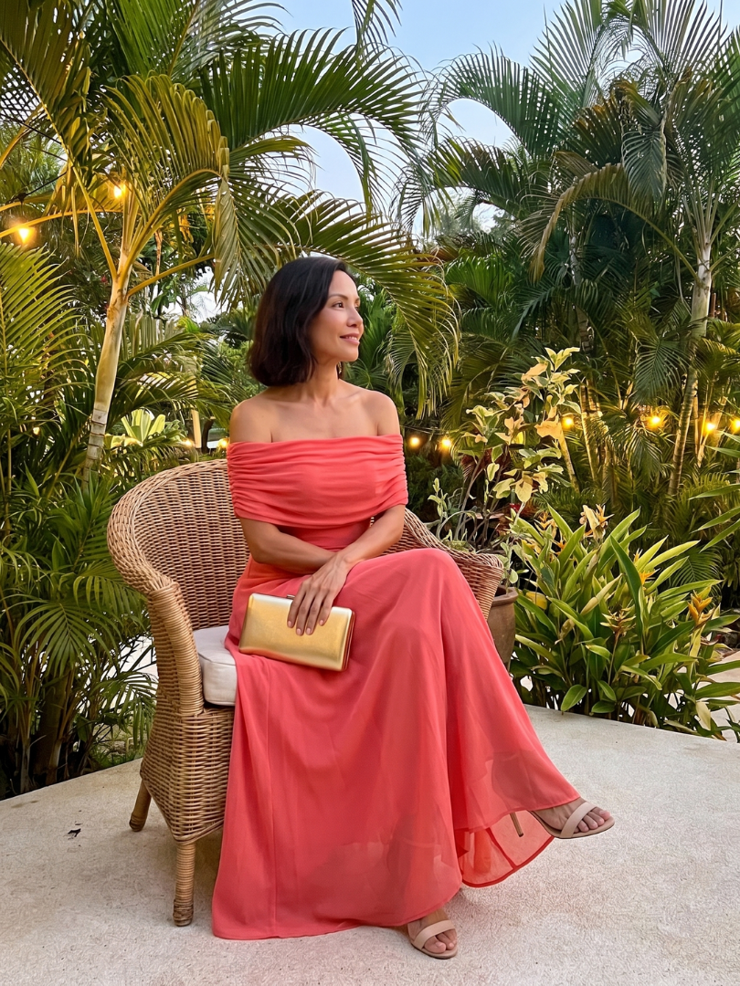 Off-shoulder midi dress for women with elegant draped bodice, great for formal wear, evening, or wedding guest.