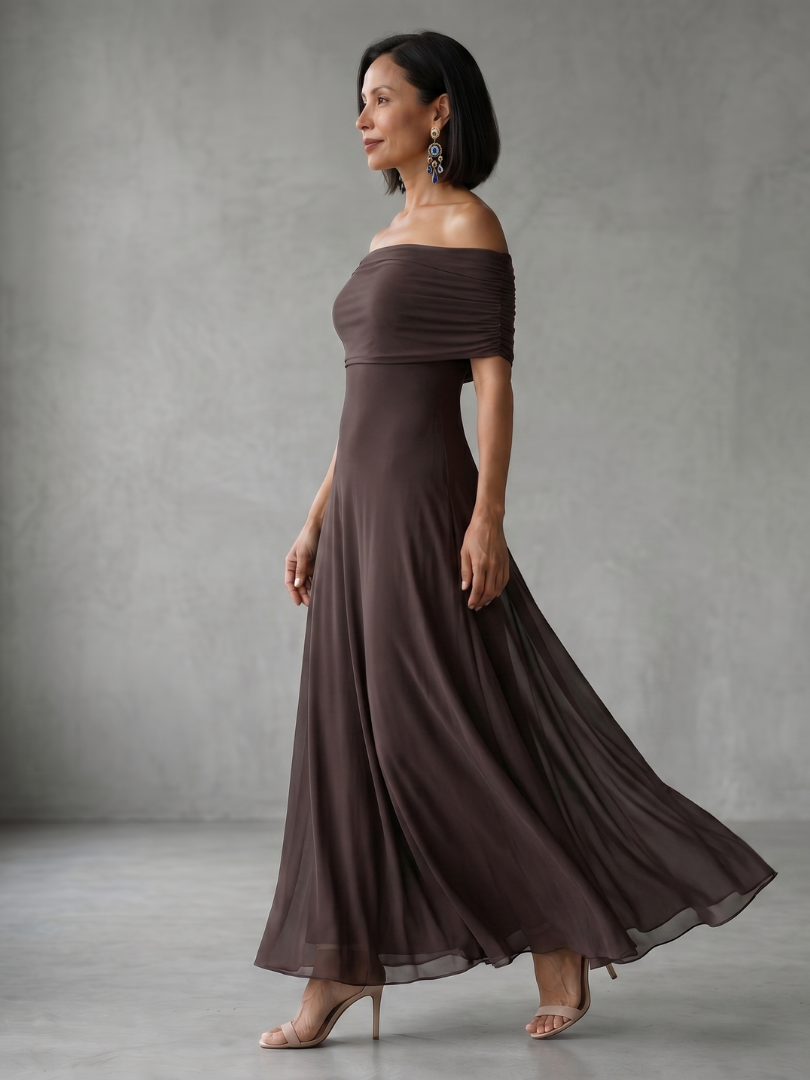 Brown off-shoulder draped midi dress for women, ideal formal wear, evening events, or cocktail parties.