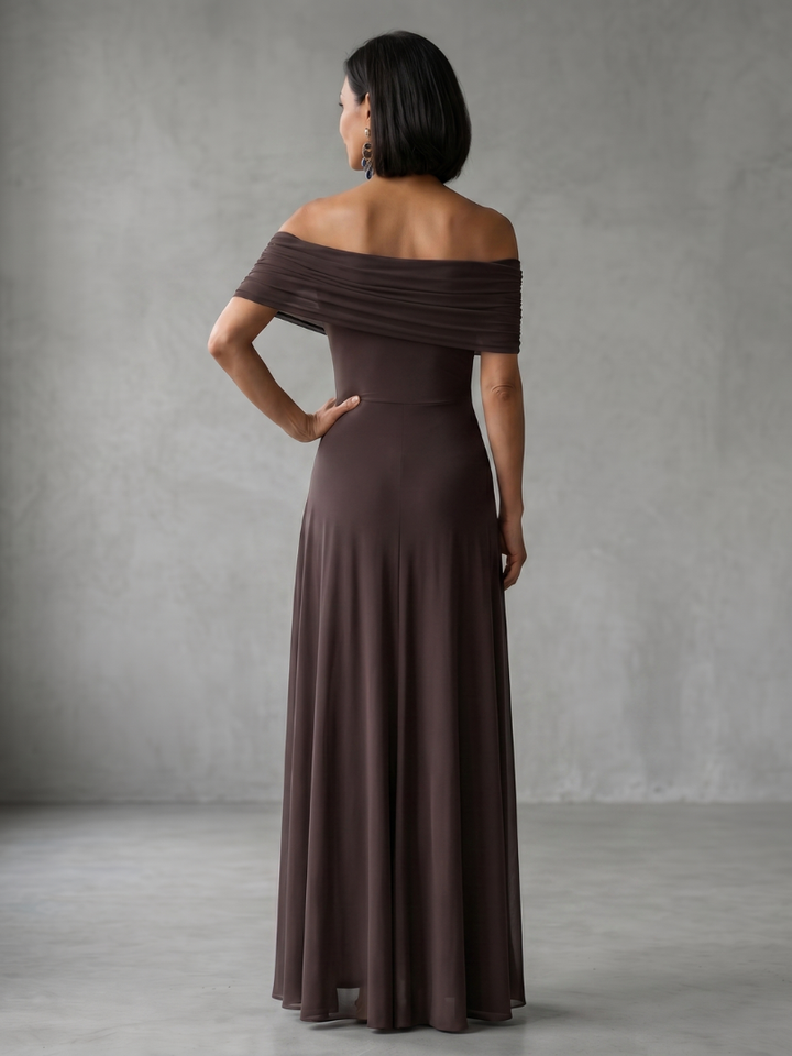 Women's off-shoulder draped midi dress in green, a stylish & comfortable option for formal wear.