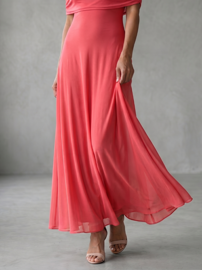 Sophisticated women's off-shoulder midi dress with draped bodice, ideal for formal & special occasions.