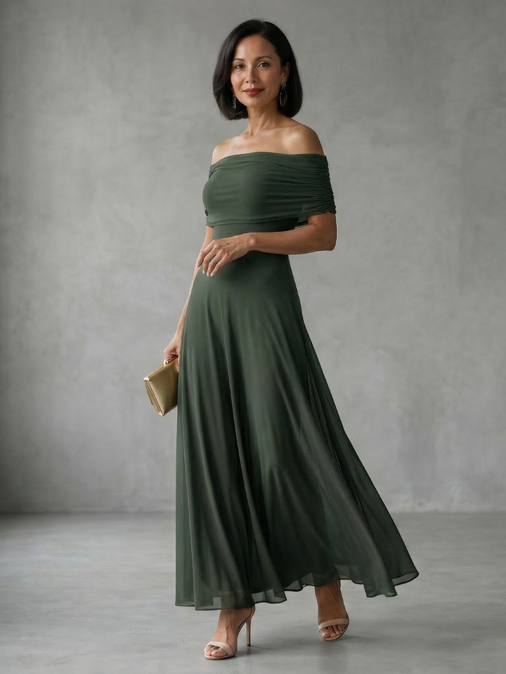 Green draped off-shoulder midi dress for women, elegant formal wear, perfect as a wedding guest dress.